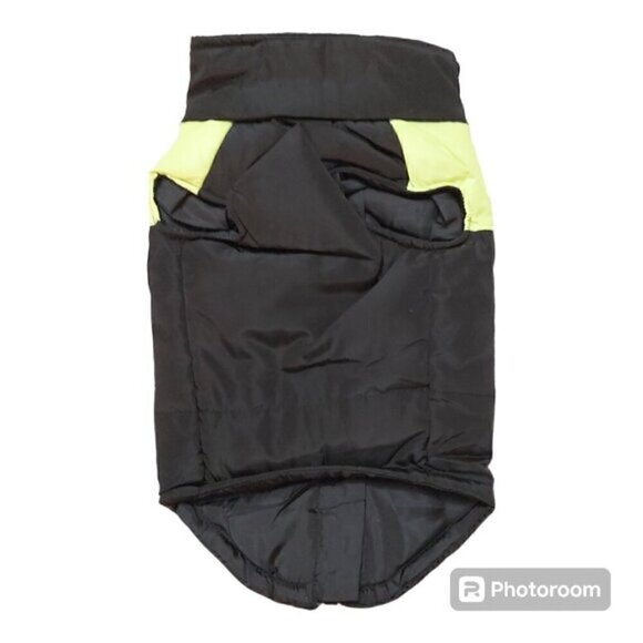 Black Dog Winter Coat with Fluorescent Green Stripe - Zipper Closure, Size Small - Picture 2 of 7